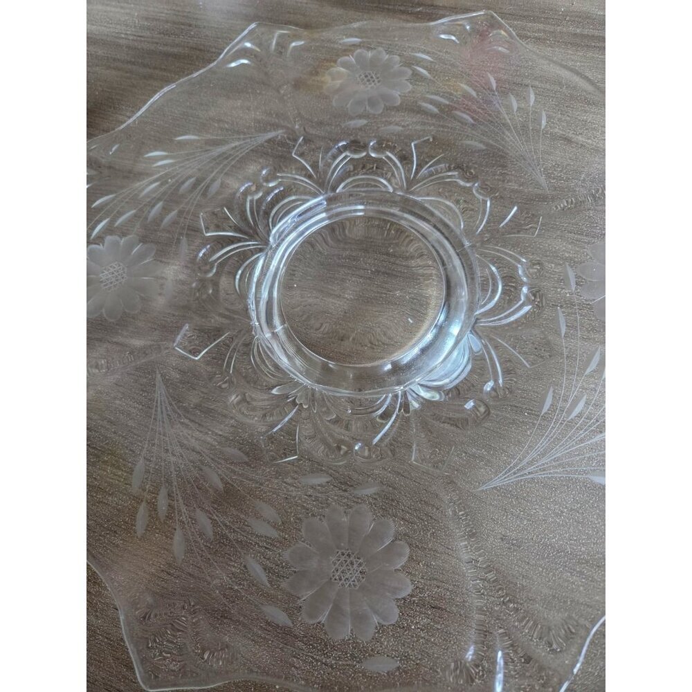 Indiana Glass Cake Plate Pedestal Etched Floral 14" Round Vintage